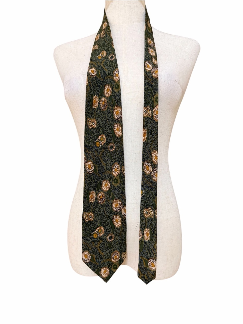 Vintage Valentino Men's Cravatte Silk Necktie Olive Green Floral Skinny